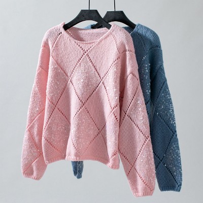 Coolmee Women's Crochet Knit Sweaters Crew Neck Long Sleeve Hollow Out Blouses Fashion Lightweight Loose Fit Casual Sequin Pullover Tops XL Pink