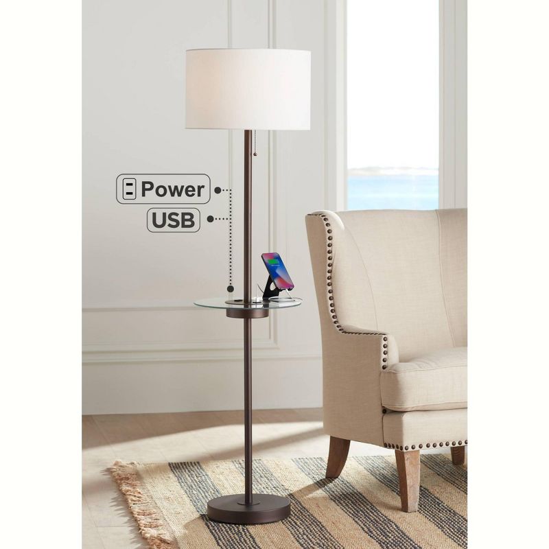 360 Lighting Caper Modern Floor Lamp with Tray Table 60 1/2" Tall Bronze USB and AC Power Outlet Off White Fabric Drum Shade for Living Room Office, 2 of 10
