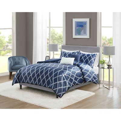5pc King Zara Charmeuse Geo Print Comforter Bedding Set - Navy