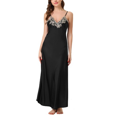 cheibear Womens Satin Sleeveless Nigthgown Lace Trim Sleep Dress Sleepwear  Pajama Dress Black Medium