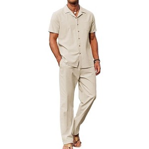 COOFANDY Men 2 Piece Linen Outfit Beach Button Down Shirt Casual Loose Pant Sets - 1 of 4