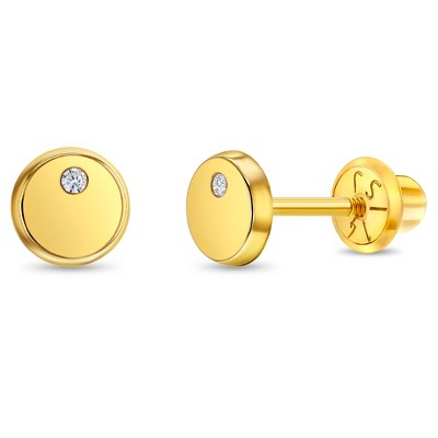 Girls' Round Coin Clear CZ Screw Back 14k Gold Earrings - In Season Jewelry