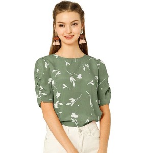 INSPIRE CHIC Women's Floral Summer Crew Neck Casual Shirred Short Sleeve Blouse - 1 of 4