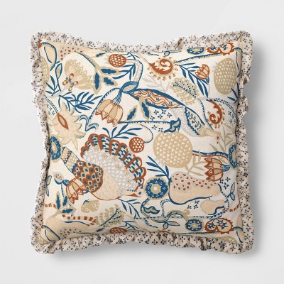 Square Bird in Nature Pillow with Printed Reverse and Ruffle Trim neutral - Threshold™