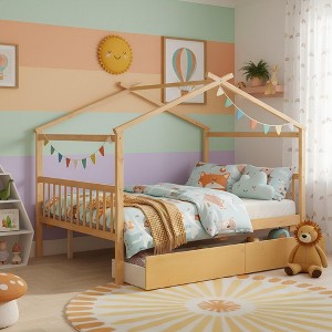 Merax Full Size Wooden House Bed Frame with Roof Design and 2 Storage Drawers - 1 of 4