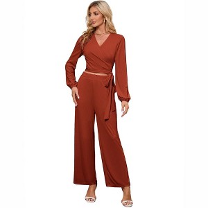 2 Piece Outfits for Women Fall Sets Long Sleeve Sexy V Neck Wrap Tie Knot Crop Tops Wide Leg Pants Sets - 1 of 4