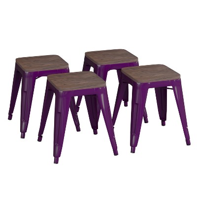 Emma and Oliver Set of Four Table Height Backless Stacking Welded Iron Stools with Wooden Seats and Under Seat Bracing for Indoor Use