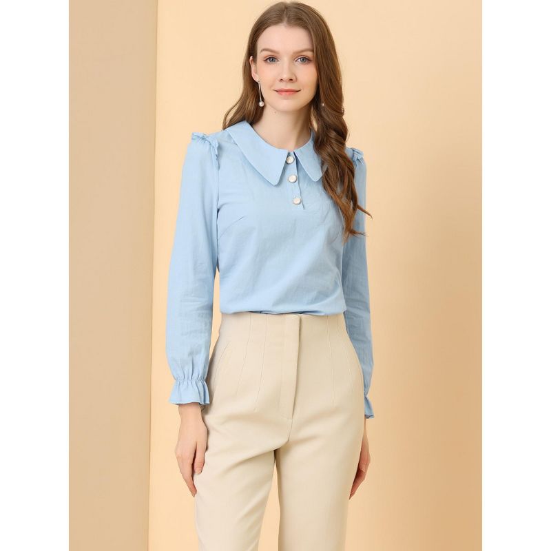 Allegra K Women's Peter Pan Collar Shirt Puff Long Sleeve Button Blouse Top, 2 of 7