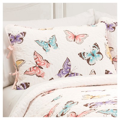 Pink Butterfly Ruffled Microfiber Full Quilt Set