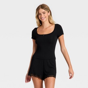 Women's Ribbed Short Sleeve Shirt and Shorts Pajama Set - Auden™ - 1 of 3