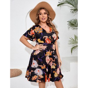 Coolmee Women Plus Size Casual Floral V Neck High Waisted Short Sleeve Wrap Midi Dress With Belt - 1 of 4