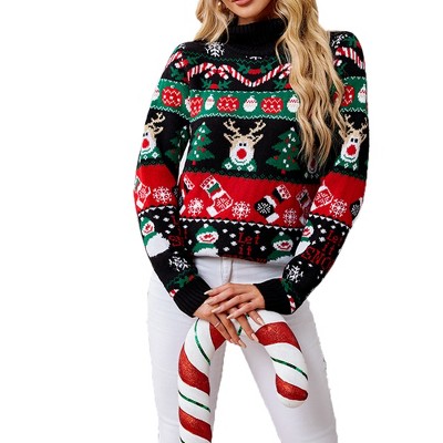 Women's Long Sleeve Turtle Neck Snowman Christmas Sweater Winter Pullover Cozy Knit Top for Holiday Party