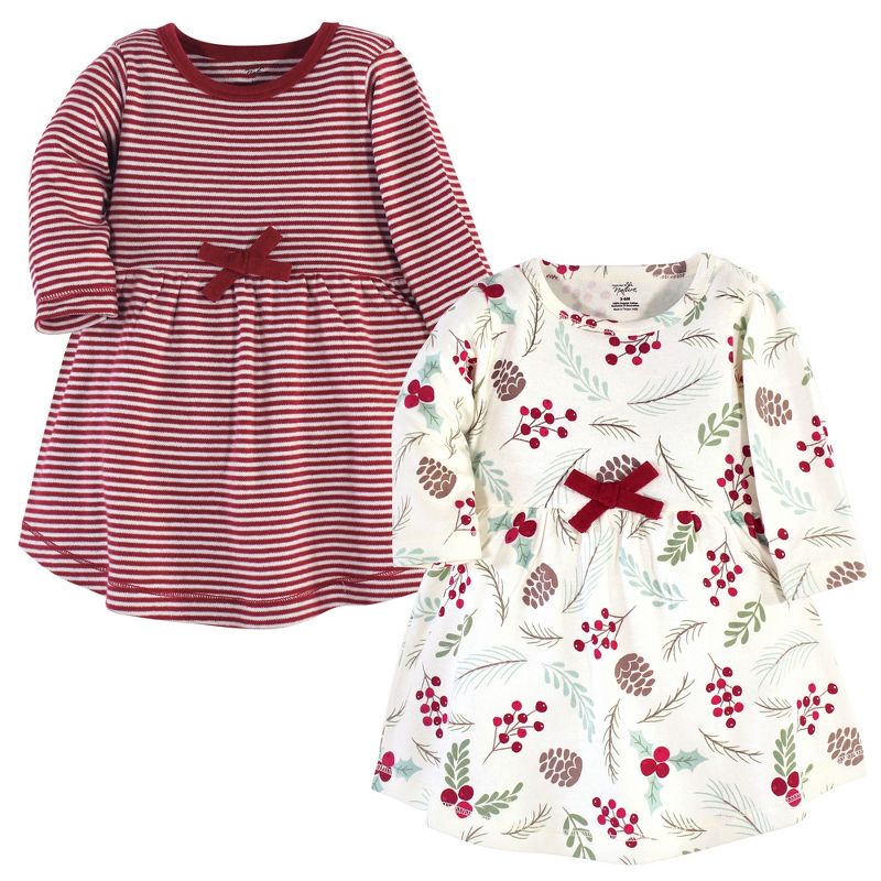Touched by Nature Baby and Toddler Girl Organic Cotton Long-Sleeve Dresses 2pk, Holly Berry, 1 of 5