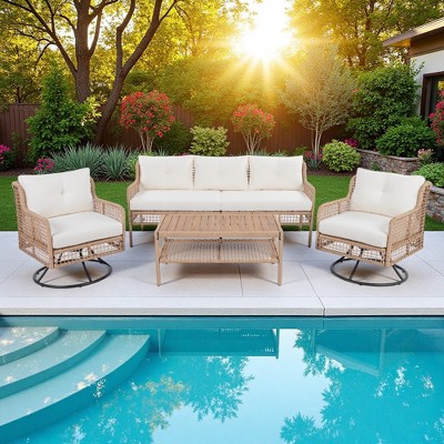 4-Pieces Outdoor Rattan Conversation Sofa Set with Swivel Chairs and Coffee Table