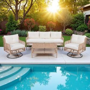4-Pieces Outdoor Rattan Conversation Sofa Set with Swivel Chairs and Coffee Table - 1 of 4