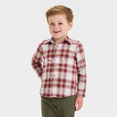 OshKosh B'gosh Toddler Boys' Plaid Woven Long Sleeve Flannel Shirt - Burgundy/Brown/Cream 5T