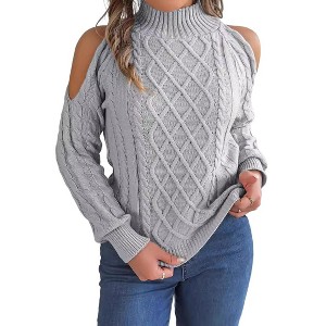 Womens Cold Shoulder Turtleneck Sweaters Fall Winter Long Sleeve Soft Chunky Cable Knit Pullovers Jumper Tops - 1 of 4