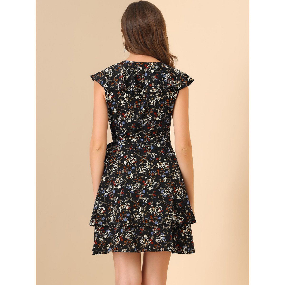 Женские платья INSPIRE CHIC Women's Boho Floral Wrap V Neck Sleeveless Ruffle Hem Mini Dress Black Medium — фото 5