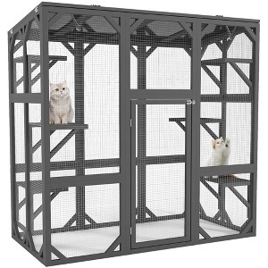 Catio Outdoor Cat Enclosure, 59" Wooden Cat House with 6 Platform, Large Cat Kennel Condo with Waterproof Roof, Feral Cat Shelter for Multiple Cats - 1 of 4