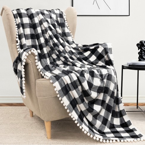 PAVILIA Fleece Pom Pom Blanket Throw for Sofa Bed Soft Lightweight Pompom Fringe Blanket for Couch Checkered White Twin 60x80