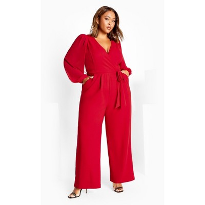 Women's Plus Size Sheer Sleeve Wide Leg Jumpsuit
 - cherry | CITY CHIC
