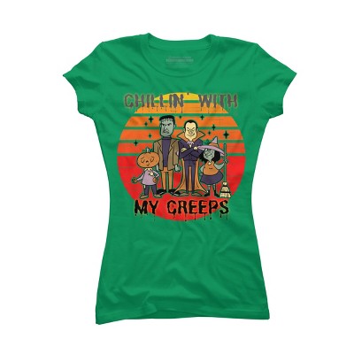 Junior's Design By Humans Chillin with my creeps 80's style halloween characters By MerchHQ T-Shirt