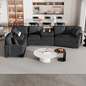 126" Convertible L-Shaped Sectional Sofa with Pull-Out Sofa Bed, Charging Ports, Cup Holders & Back Pillows - 1 of 4