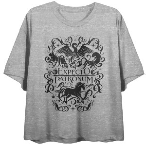 Harry Potter Expecto Patronum Women's Heather Gray Short Sleeve Crew Neck Crop Tee - 1 of 3
