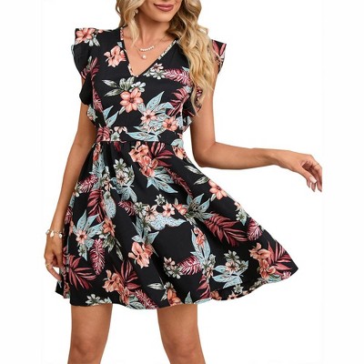 Women's Summer Swing Mini Dress Floral V Neck Short Sleeve Backless A-Line Flare Short Dress