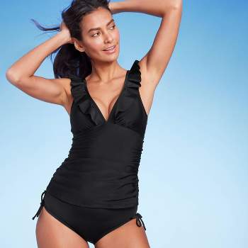 Women's Tummy Control Flounce Ruffle Neckline Tankini Top - Shade & Shore™ Black