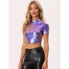 INSPIRE CHIC Women's Party Short Sleeve Mock Neck Holographic Metallic Crop Top - 2 of 4