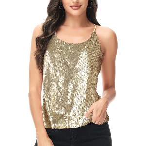 Anna-Kaci Women's Razer Back Sequin Spaghetti Strap Camisole Tank Top Blouse - 1 of 4