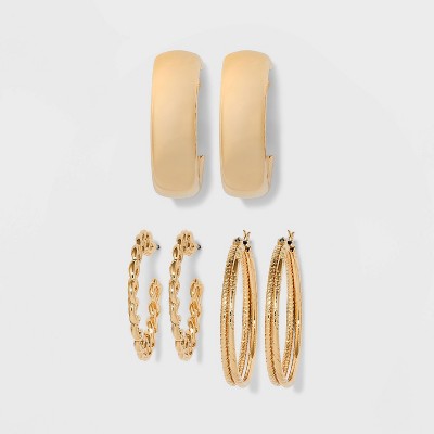 Frozen Chain and Chunky Hoop Trio Earring Set 3pc - Wild Fable&#8482; Gold