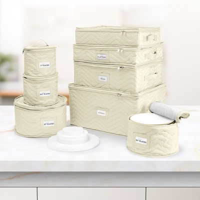 Beige Quilted Fabric 8-Piece China Dinnerware Storage Set