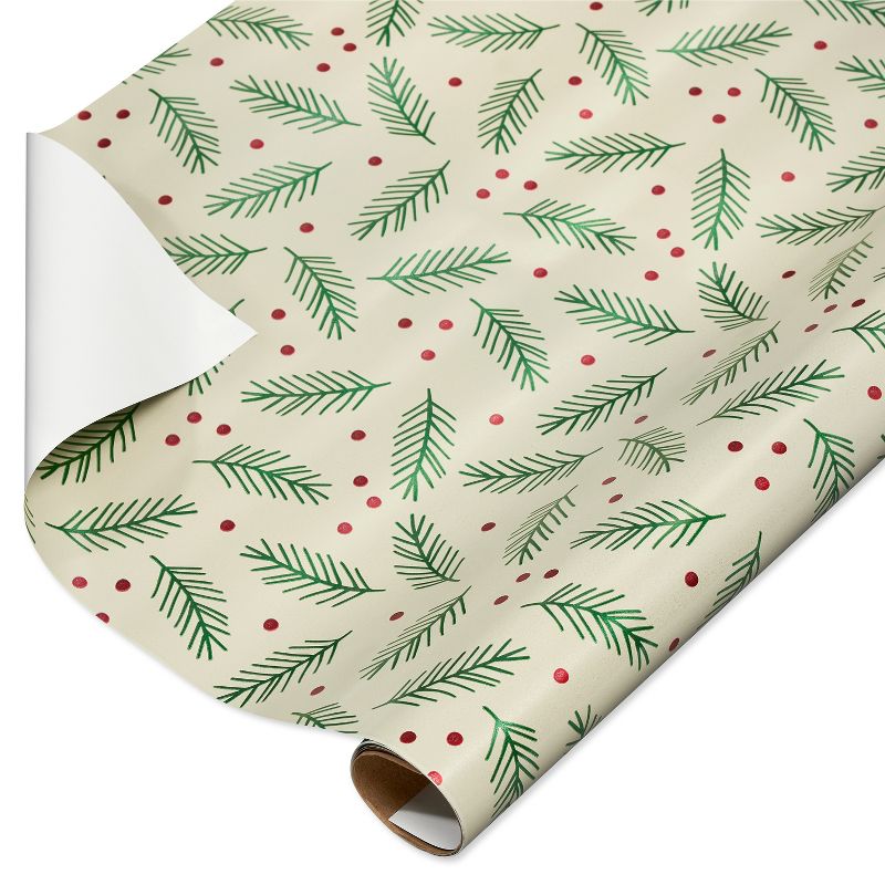 20 sq ft Holly Berry and Leaves Foil Christmas Wrapping Paper, 1 of 7