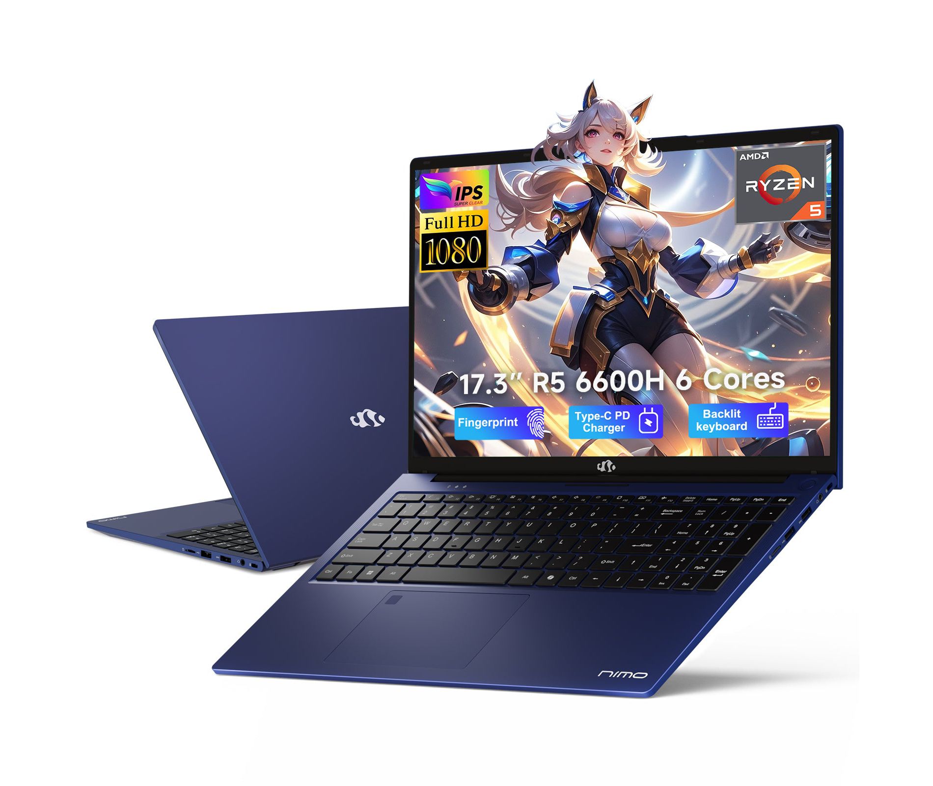 NIMO 17.3" IPS FHD Gaming Laptop, AMD Ryzen 5 6600H DDR5 Radeon 660M 4.5GHz PD 100W Type-C Backlit Keyboard Win 11