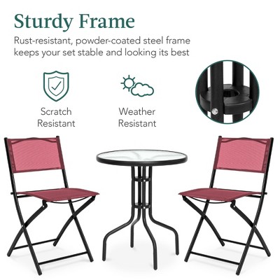 Burgundy 3-Piece Black Steel and Glass Patio Bistro Set