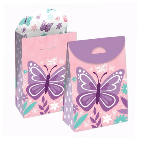 Big Dot of Happiness Beautiful Butterfly - Floral Baby Shower or Birthday  Gift Favor Bags - Party Goodie Boxes - Set of 12