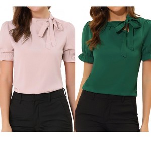 Allegra K Women's Elegant Bow Tie Neck Elastic Cuffs Office Short Sleeve Blouse 2 Pcs - 1 of 4