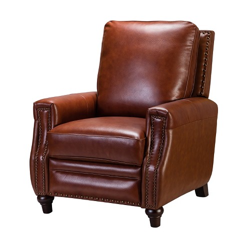 Theresa Modern Wooden Upholstery Genuine Leather Recliner with Nailhead Trim for Living Room and Bedroom ARTFUL LIVING DESIGN BROWN