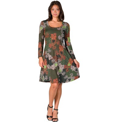 24seven Comfort Apparel Green Paisley Print Long Sleeve Knee Length Dress