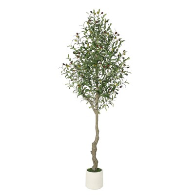 homfan Faux Olive Tree Fake Silk Olive Tree with Moss and White Bamboo Texture Planter Pot, Realistic Oliveand Leaves Artificial Tree Tall Plants