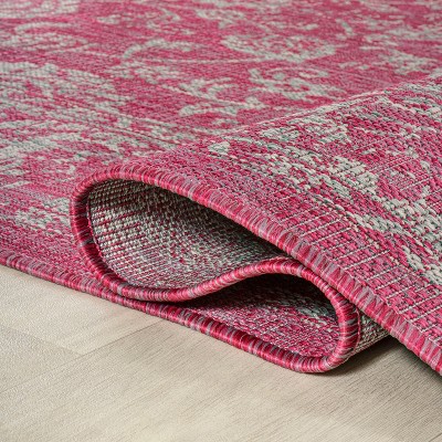 Fuchsia and Light Gray Square Floral Synthetic Area Rug