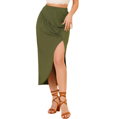 Allegra K Women s Split Ruched High Waist Summer Beach Maxi Skirts Olive Green Medium