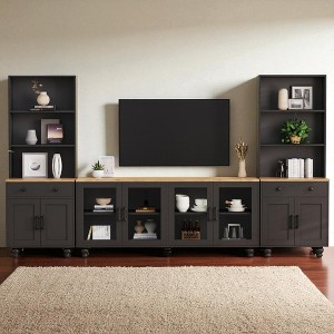 Farmhouse TV Stand with Solid Wood Gourd Legs for TVs Up to 70", Entertainment Center with Bookshelves, Glass Doors, Adjustable Shelves - 1 of 4