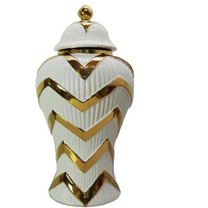 Gulches Decorative Vase - White & Gold Wave Pattern Ginger Jar with Lid (12") - 1 of 4