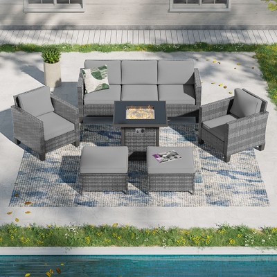 Sonkuki 6 Pieces Patio Sofa with Square Fire Pit Table and Ottomans, Wicker Conversation Couch,  Navy Blue Cushion