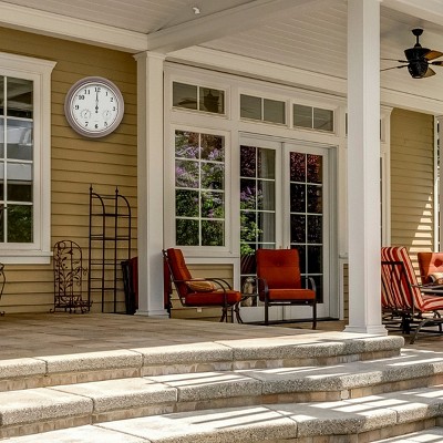 18-Inch Brushed Silver Metal Round Wall Clock with Thermometer