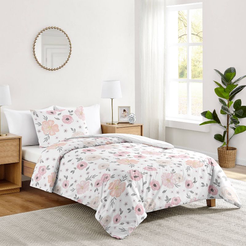 4pc Watercolor Floral Twin Kids&#39; Comforter Bedding Set Pink and Gray - Sweet Jojo Designs, 4 of 7