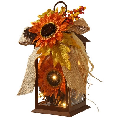 National Tree Company Harvest Lantern with LED Lights, Filled with Sunflower Blooms, Leaves, Pinecones, Berry Clusters, 12 inches